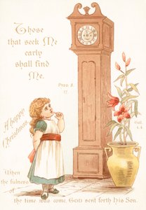 Fille regardant une horloge de grand-père, Carte de Noël - English School