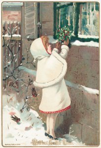 Fille plaçant du houx sur le rebord de la fenêtre, carte de Nouvel An - English School