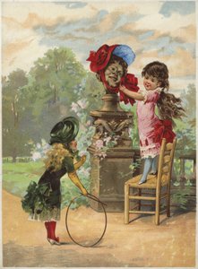 Fille mettant un bonnet sur une statue; une autre fille avec un cerceau - English School