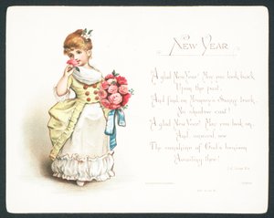 Fille sentant des roses, carte de Nouvel An - English School