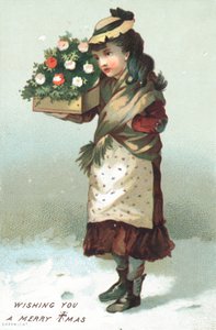 Fille marchant dans la neige portant une boîte de fleurs, carte de Noël - English School
