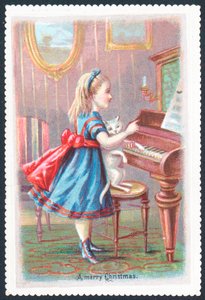 Fille avec un chat debout au piano, carte de Noël - English School