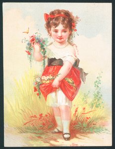 Fille avec des fleurs et un papillon - Carte de vœux victorienne - English School