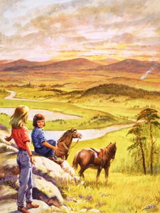 Filles et poneys regardant la campagne (gouache sur papier)