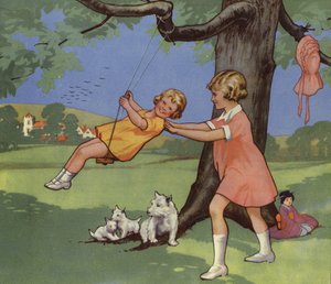Filles jouant sur une balançoire dans la campagne anglaise - English School