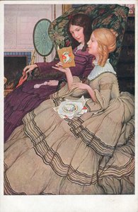 Filles lisant des cartes de Saint-Valentin (lithographie couleur) - English School