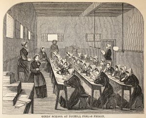 École de filles à la prison de Tothill Fields, illustration de The Criminal Prisons of London and Scenes from Prison Life par Henry Mayhew et John Binny, pub. 1862 - English School