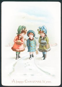 Filles marchant dans la neige, carte de Noël - English School