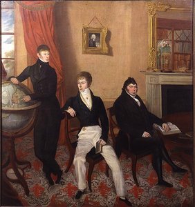 Portrait de groupe de trois hommes dans un intérieur de salon élaboré, vers 1825