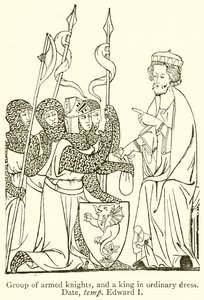 Groupe de chevaliers armés et un roi en tenue ordinaire. Date, époque d