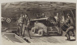 Exercice de tir à bord du HMS "Brilliant" (gravure)
