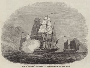 HMS "Reynard" capturant deux jonques pirates au large de Hong Kong (gravure) - English School