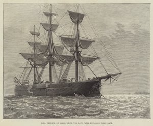 HMS Triumph, à bord duquel a eu lieu la dernière explosion fatale (gravure) - English School