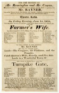 Affiche publicitaire pour une représentation unique de M. Rayner dans "La Femme du Fermier" et "Turnpike Gate" au Théâtre de Leeds - English School