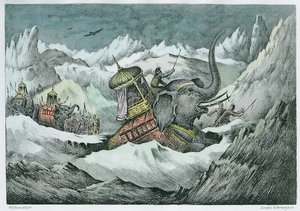 Hannibal (247-c.183 av. J.-C.) et ses éléphants de guerre traversant les Alpes (coloration ultérieure)