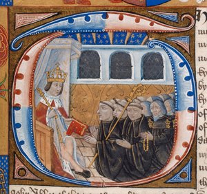 Initiale historiée représentant le roi Henri VII recevant le livre, illustration des 