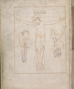 Harley 2904, f.3v, La Crucifixion; avec la Vierge, et Saint Jean inscrivant son témoignage sur un parchemin, du Psautier de Ramsey, c.900-1000 - English School