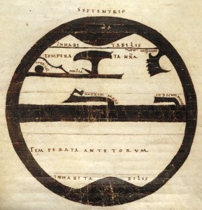 Harley MS 2772 f. 70v, Carte du monde zonale diagrammatique, c.1050 (encre et tempera sur parchemin) - English School