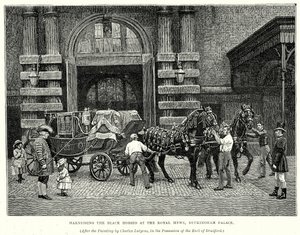 Harnachement des chevaux noirs au Royal Mews, Buckingham Palace (gravure) - English School