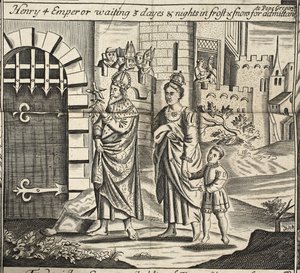 Henri IV empereur attendant 3 jours et nuits dans le gel et la neige pour être admis auprès du pape Grégoire, illustration des Actes et Monuments de John Foxe, neuvième édition, pub. 1684 - English School