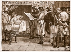 Henri recevant la nouvelle de la trahison de Jean, illustration de Cassells Illustrated History of England - English School