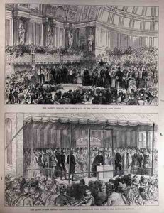 Sa Majesté ouvrant la salle de la reine du Palais du Peuple et posant la première pierre des écoles techniques, de The Illustrated London News, 21 mai 1887 - English School