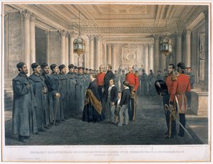 Sa Majesté la reine Victoria (1819-1901) et S.A.R. le prince Albert (1819-61) inspectant les soldats blessés des Grenadier Guards au palais de Buckingham, 1855
