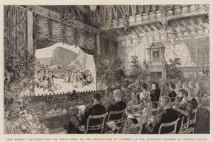 Sa Majesté la Reine et le groupe royal à la représentation de "Carmen" dans la salle Waterloo au château de Windsor (gravure) - English School