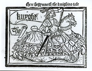 Ici commence le Conte du Chevalier, illustration des Contes de Canterbury de Geoffrey Chaucer (c.1345-1400) imprimé par William Caxton (c.1422-91) 1434 - English School