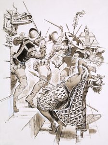 Hernando Cortes et ses soldats résistent aux attaques aztèques - English School
