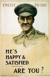Il est heureux et satisfait - Et vous?, affiche de recrutement britannique de la Première Guerre mondiale, 1914-18