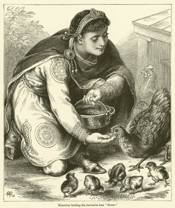 Honorius nourrissant sa poule préférée "Rome" (gravure)