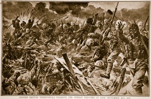 Territoriaux britanniques cagoulés chargeant les tranchées allemandes à Loos, 25 septembre 1915, 1914-19 - English School
