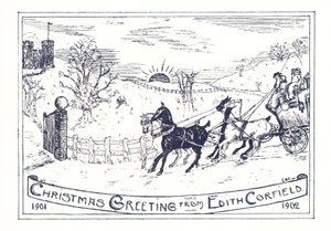 Cheval et calèche voyageant vers le château, Carte de Noël