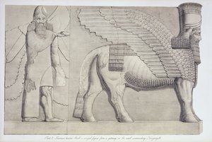 Taureau à tête humaine et figure ailée d