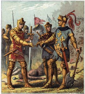Guerre de Cent Ans : bataille de Poitiers (1356). Le roi de France Jean II le Bon reconnut sa défaite et se rendit à Édouard Plantagenêt d