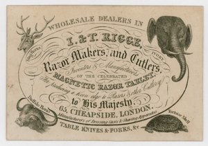 I & T Rigge, fabricants de rasoirs et couteliers, carte de visite - English School