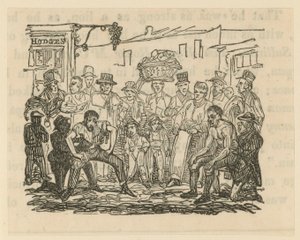 Illustration représentant une foule regardant un match de boxe - English School