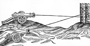Illustration du tir de canon dans The Art of Gunnery par Thomas Smith (fl.1600-27), 1628 - English School
