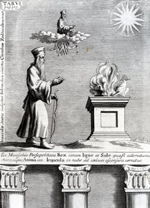 Illustration de Zoroastre adorant le feu et le soleil, 1697 - English School