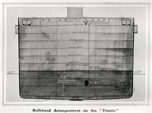 Illustration montrant une coupe transversale des arrangements de cloison sur le Titanic (détail) - English School