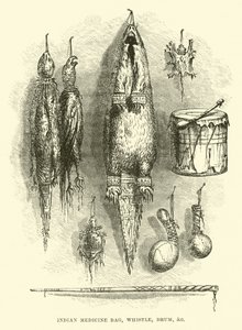 Sac médecine indien, sifflet, tambour, etc. - English School