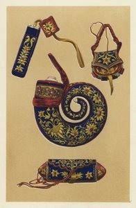 Corne à poudre indienne et trois pièces de mobilier à mèche (chromolithographie)