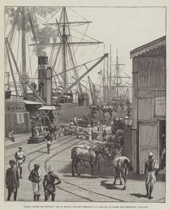 Troupes indiennes pour la Birmanie, le 7e Bengal Cavalry embarquant à Calcutta à bord du navire à vapeur Nerbudda (gravure) - English School