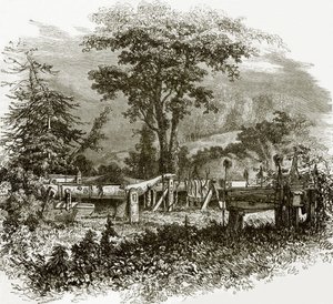 Sépulcres indiens sur les rives de la rivière Cowlitz - English School