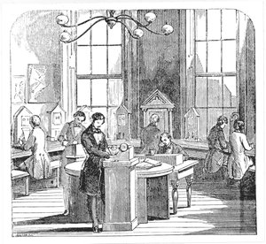Salle des instruments au bureau du télégraphe électrique, Lothbury, Londres, du Musée des sciences et des arts de Dionysius Lardner, vers 1860 - English School