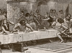 Interruption du dîner de Noël de Balliol, illustration de Cassells Illustrated History of England - English School