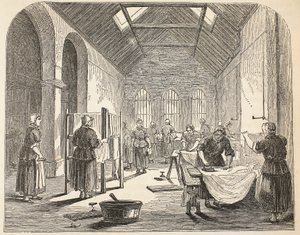 Salle de repassage à la prison de Brixton, illustration de The Criminal Prisons of London and Scenes from Prison Life par Henry Mayhew et John Binny, pub. 1862 - English School
