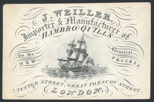 J Weiller, importateur et fabricant de plumes de Hambourg, 2 Tenter Street, carte de visite - English School