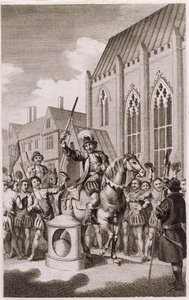 Rébellion de Jack Cade en 1450 : Cade se déclare Seigneur de la ville de Londres à London Stone, Cannon Street, vers 1770 - English School